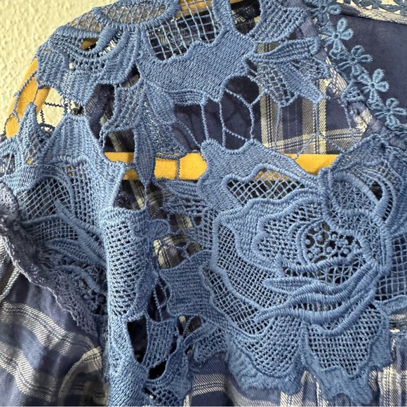 Free People blue plaid lace boho blouse size small - Picture 3 of 7